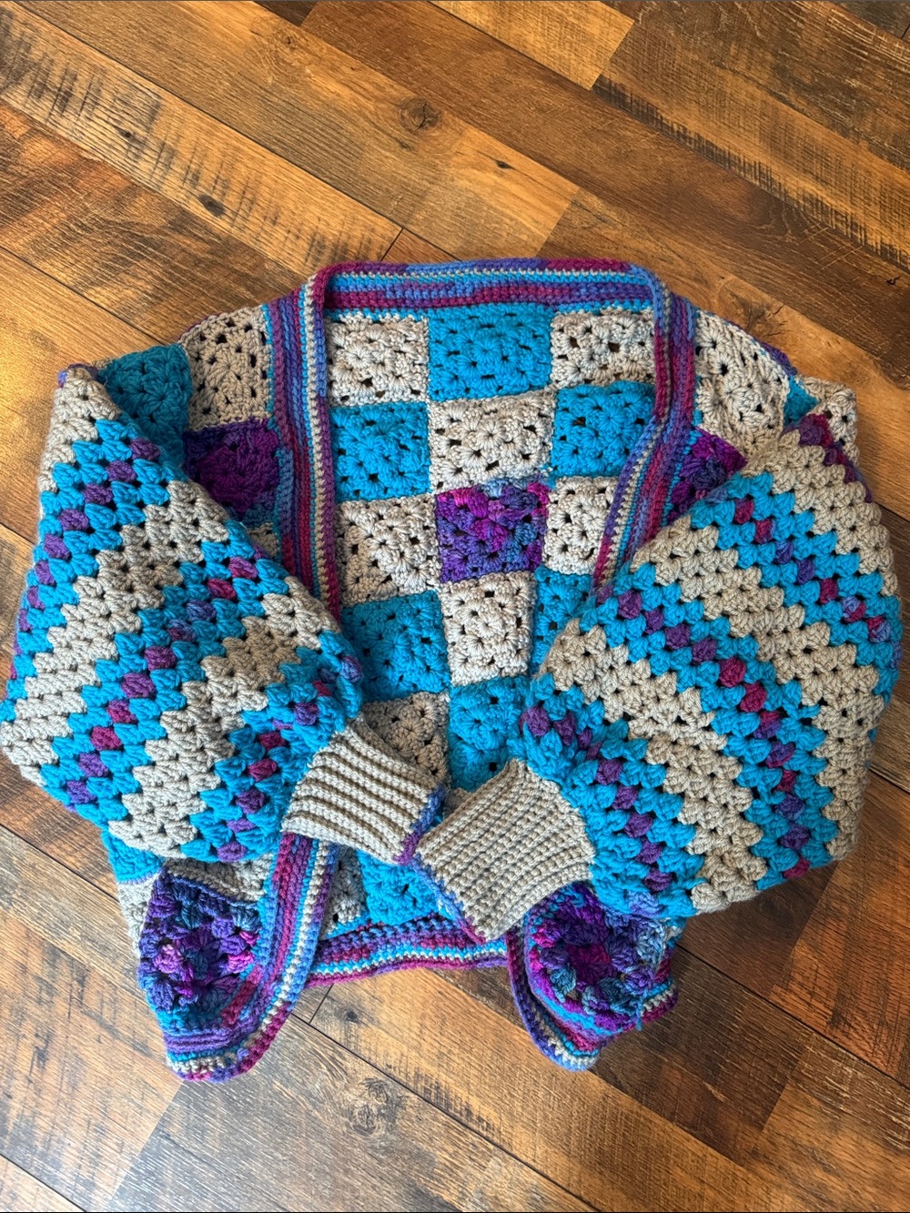 Handmade Crochet Granny Square Cardigan in Teal, Gray & Purple